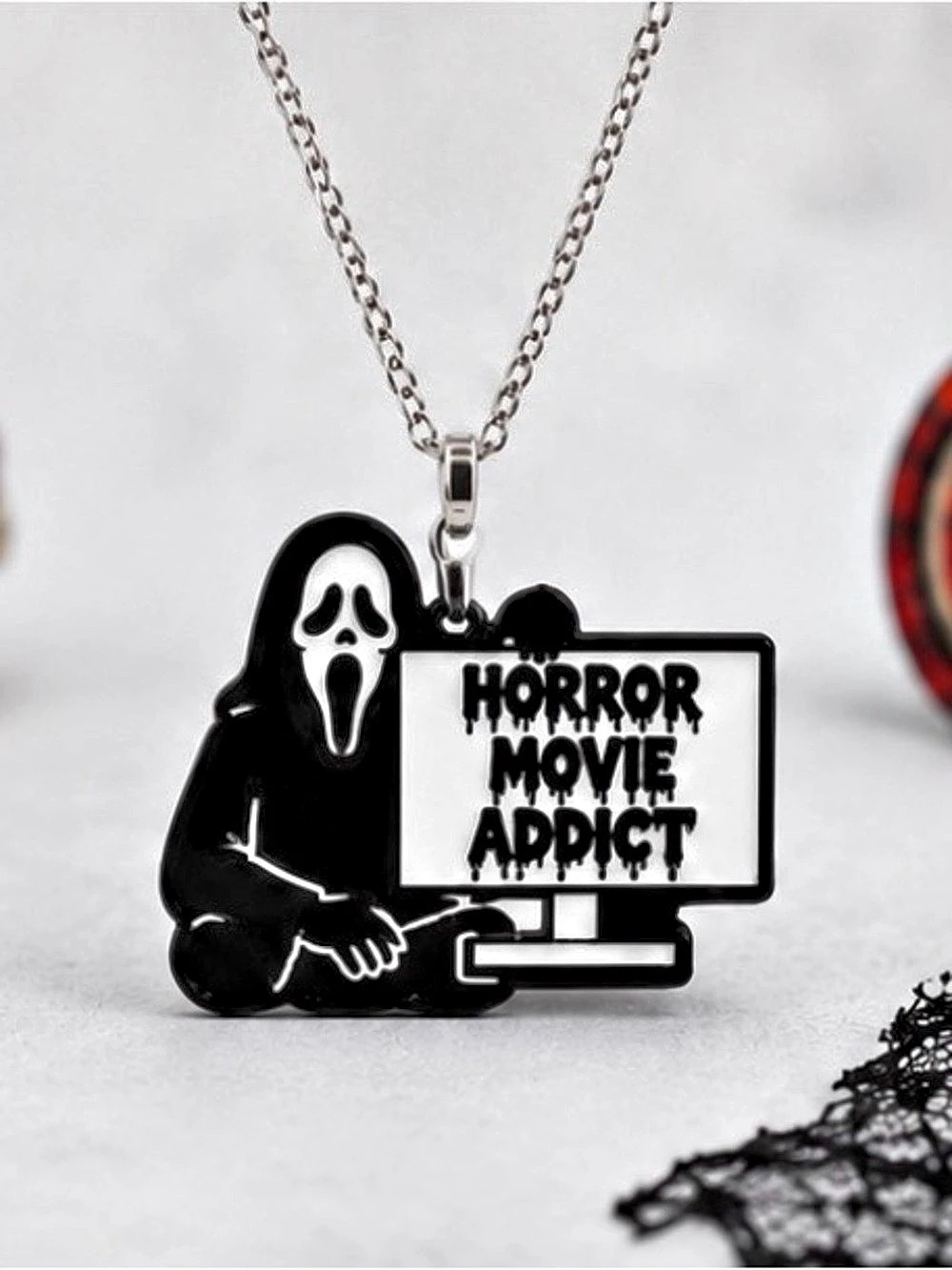 Ghost Face Horror Movie Addict Pendant Necklace Black & White